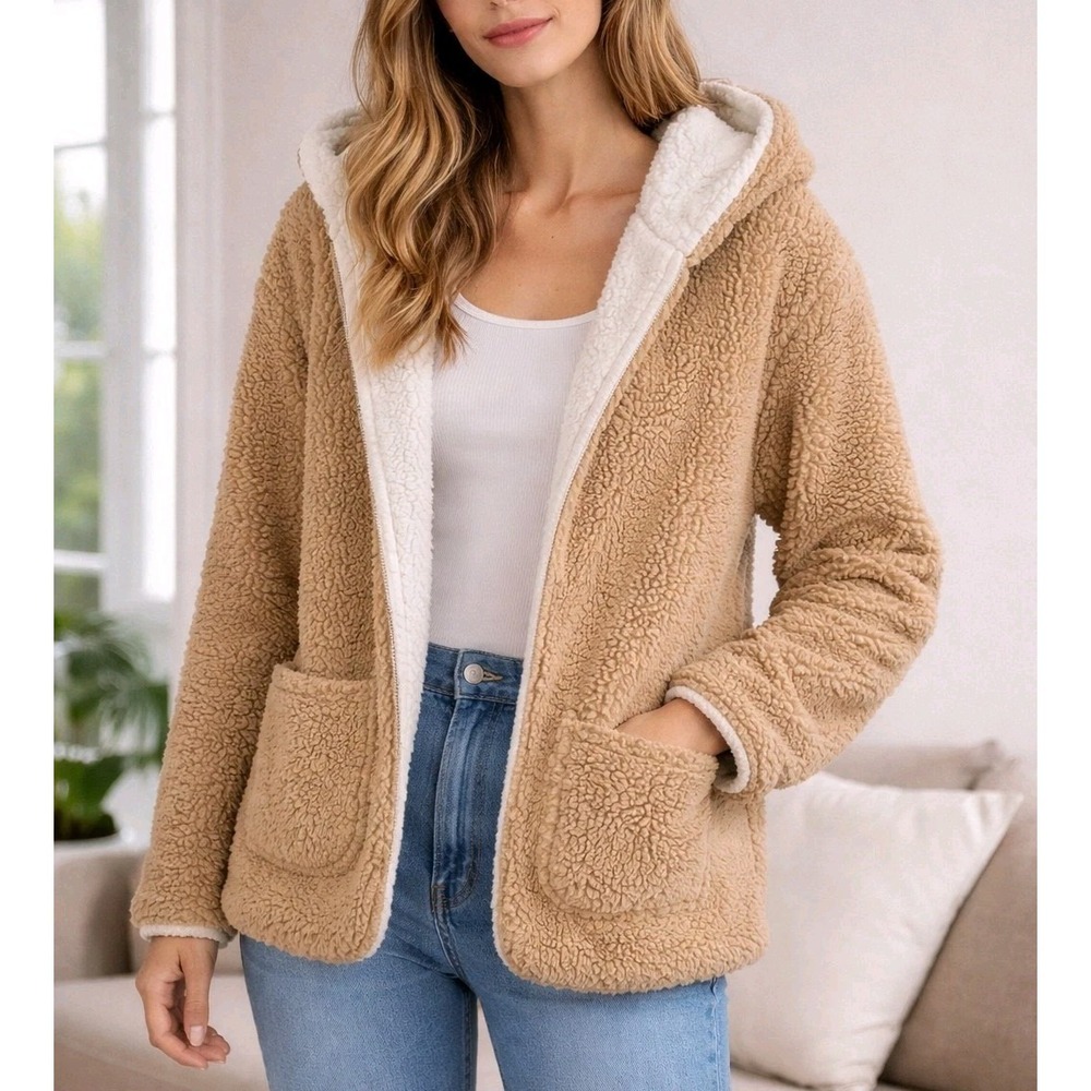Love Tree Sherpa Hoodie Jacket Sz M Cozy Reversible Fleeceโ Pockets Open Front